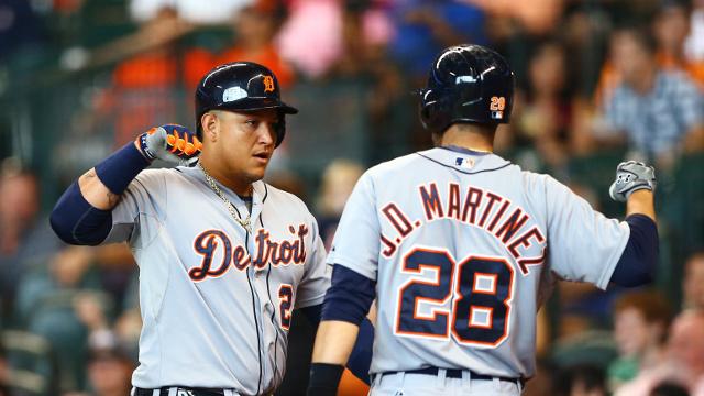 Miguel Cabrera, left, and J.D. Martinez, right, seen celebrating. 