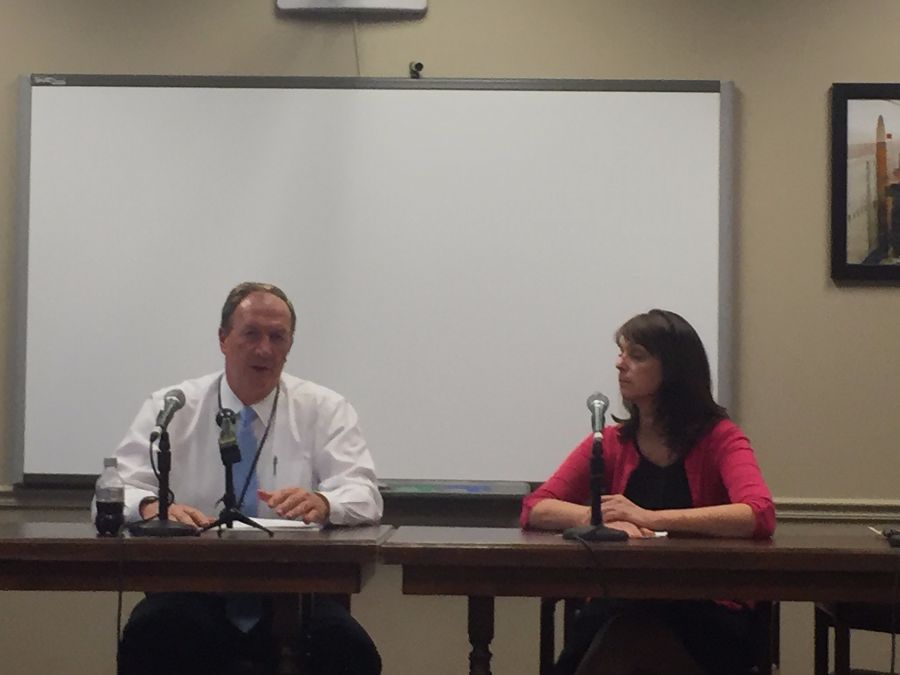 Superintendent Gary Niehaus speaks about the optional water testing results at a press conference on April 18.
