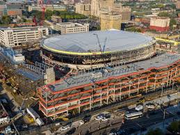 Ongoing constructing of Little Ceasars Arena in downtown Detroit. Costs have exceeded 700 million dollars.