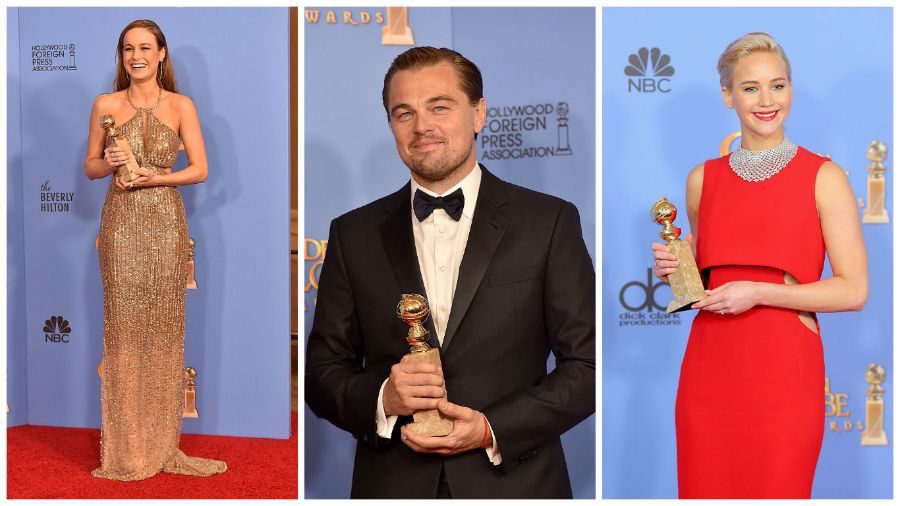 From left to right: Brie Larson, who won Best Performance by an Actress for Room, Leonardo DiCaprio, who won Best Performance by an Actor for the Revenant, and Jennifer Lawrence, who won Best Performance by an Actress for Joy. 