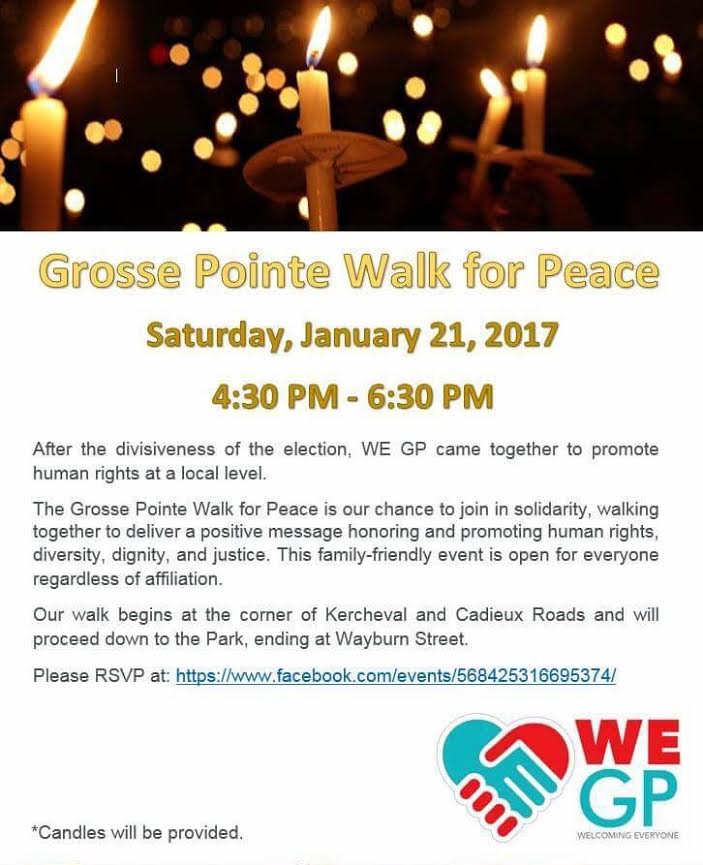 The flyer for the Walk for Peace, sponsored by We GP, that will take place on Saturday Jan. 21